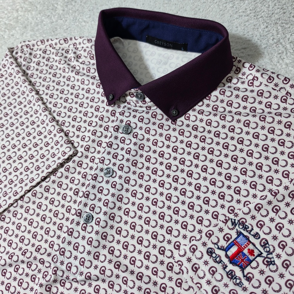 NEW Greyson Polo Men L White Maroon World Tour Golf Links All Over Print Stretch